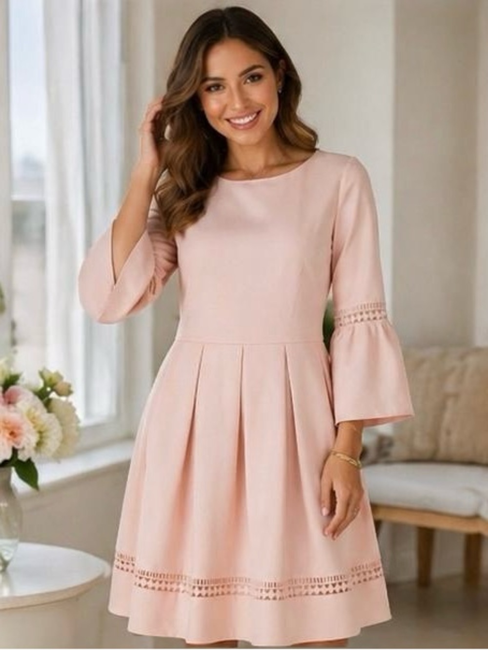 Eliza J Pink Pleated A-Line Dress with Bell Sleeves